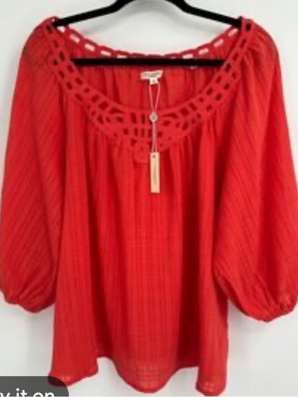 🍾NWT Max Studio Women’s Crochet Yoke Peasant Top - Coral Red, Size 1X. MSRP $138